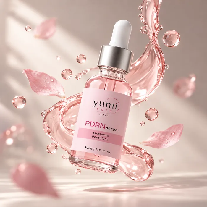 Sérum PDRN entre pétalas e gotas rosadas