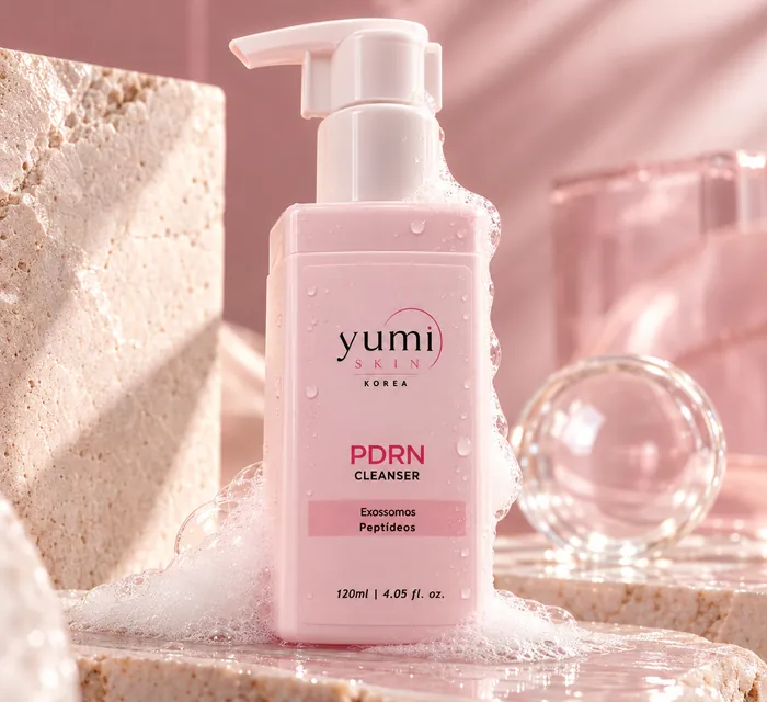 Sabonete Facial PDRN Yumi Skin coberto de espuma sobre uma bancada de pedra