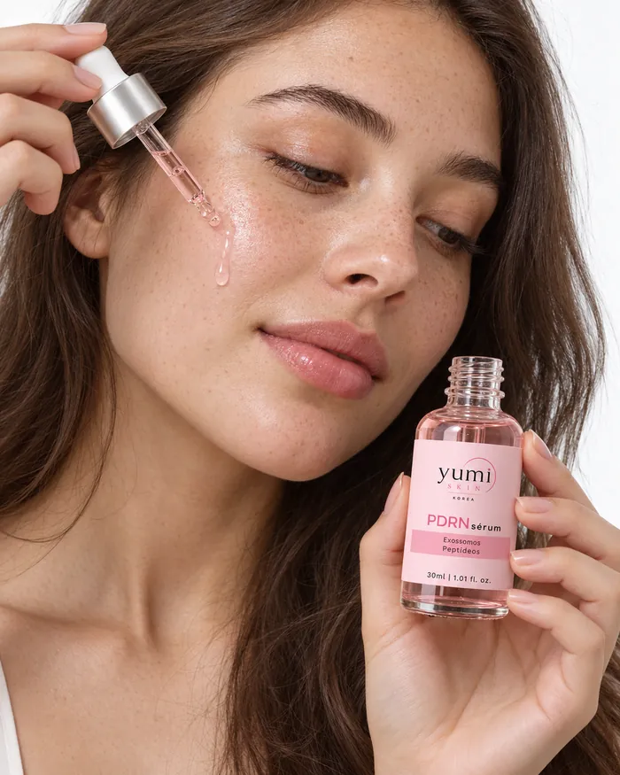 Mulher aplicando o Sérum PDRN no rosto com o conta-gotas