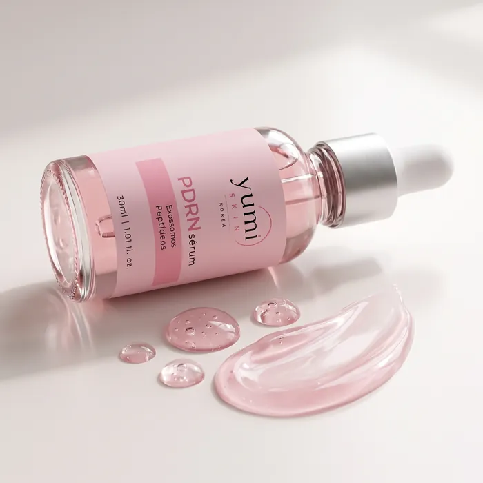 Sérum PDRN deitado ao lado de gotas da textura em gel rosado