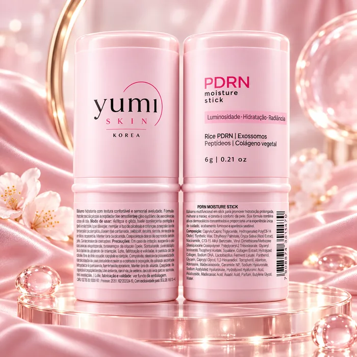 Dois bastões do Stick Hidratante PDRN Yumi Skin sobre cetim rosa, com flores e gotas