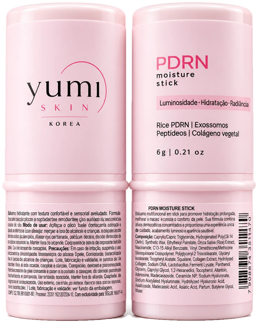 Stick Hidratante PDRN Moisture Stick Yumi Skin, bastão de 6 g, frente e verso